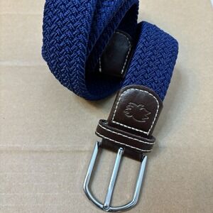 Roostas Belt Stretch Woven Mens Large Brown Leather Trim Blue Pebble Beach Solid